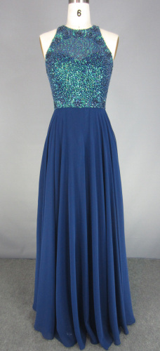 Royal Blue High Neck Beads Prom Dress