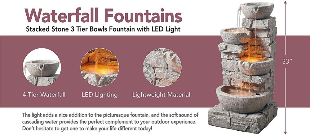 Bowls Tiered Floor Stacked Stone Waterfall Fountain