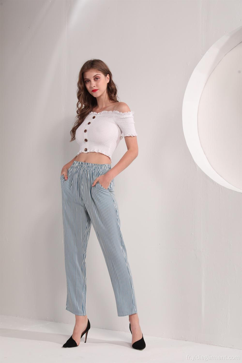 Pantalon femme rayé bleu et blanc