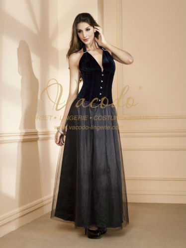 #9436 Velvet Satin Bustier Night Gown Style Halter Corset