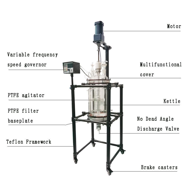 10L 20L High Quality Frame with Spray PTFE Pyrolysis jacked glass reactor