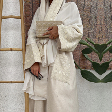 Wholesale Custom Linen Open Trending Abayas with Embroidered Hijab Attached