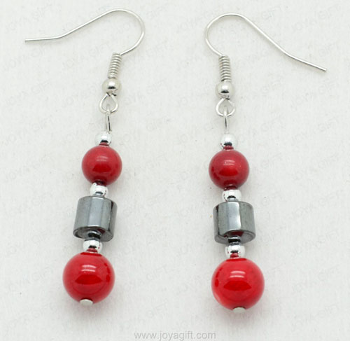 Red Coral cuentas redondas Hematite Earring