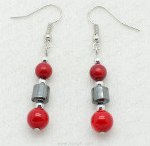 Red Coral Round Beads Hematite Earring