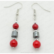 Red Coral cuentas redondas Hematite Earring