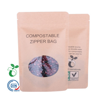 Bolsa biodegradable de fondo plano con cremallera de ventana de papel Kraft