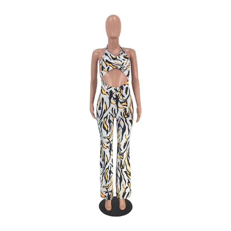 L55701 Sexy Printed Wide Leg Jumpsuit