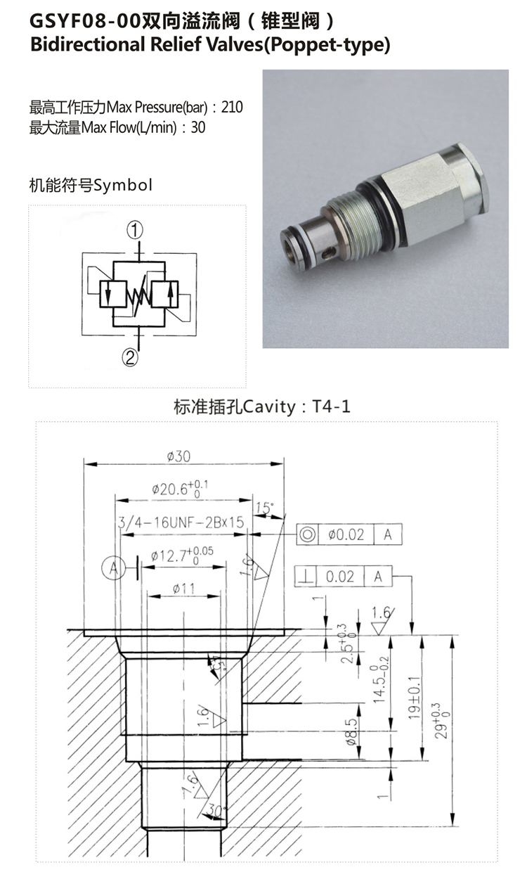 Cartridge Style Bidirectional Poppet Type Relief Valve