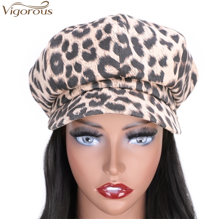 Vigorous Black Synthetic Fiber Wig With White Leopard Hat For Women Long Wavy Heat Resistant Glueless Hair Wigs