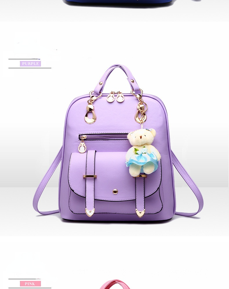 Fashion Backpack PU Leather Women Girls Bear Pendant Backpack Purse Shoulder Satchel Top-Handle Bags