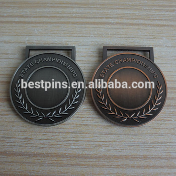 custom vintage type state championship souvnir medals, cstom embossed antique silver and copper medallions