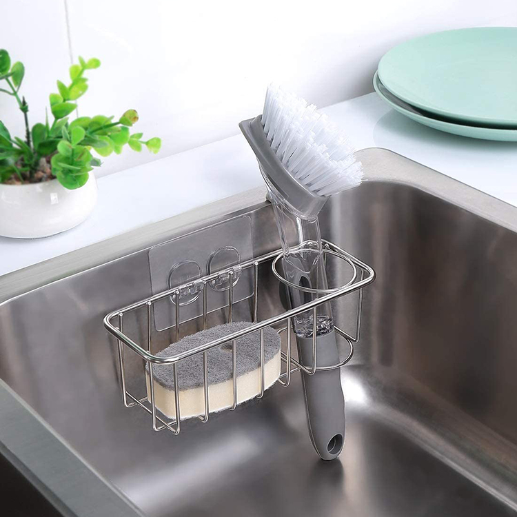 Kitchen Polished Stainless Steel Sink Suction Organizer Basket Sink Caddy Sponge Holder Soap Brush Holder