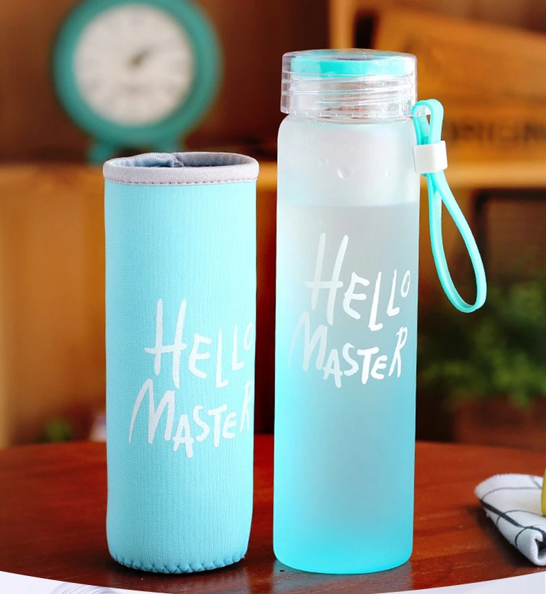 Clear Colorful Letter Glass Water Bottle with Cover Frosted Portable Bottle Glass