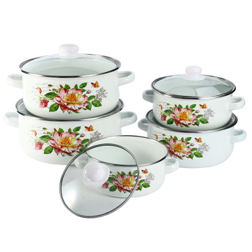 5PCS Best Selling Stock Cookware Vintage Enamel Soup Cooking Pot Set Enamelware Casserole