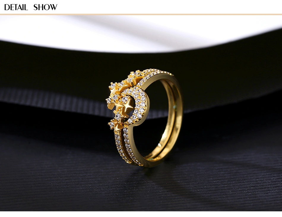 Luxury Moon & Stars S925 Silver Clear Cubic Zirconia Gold Plated Wedding Ring