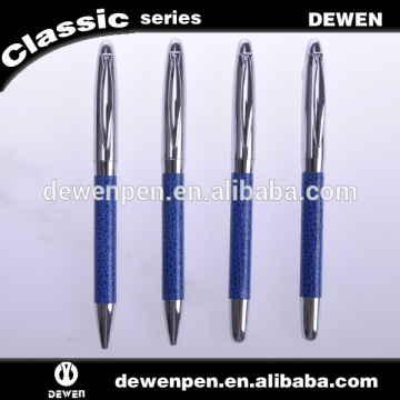 sliver plated metal leather roller pen/PU leather imprint pens /roller tip pen with leather pen barrel