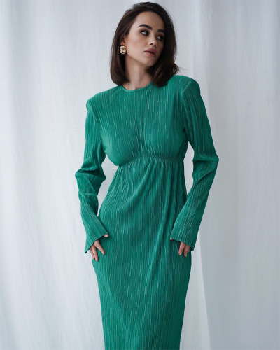 Long Sleeve All Over Pleated Evening Dress