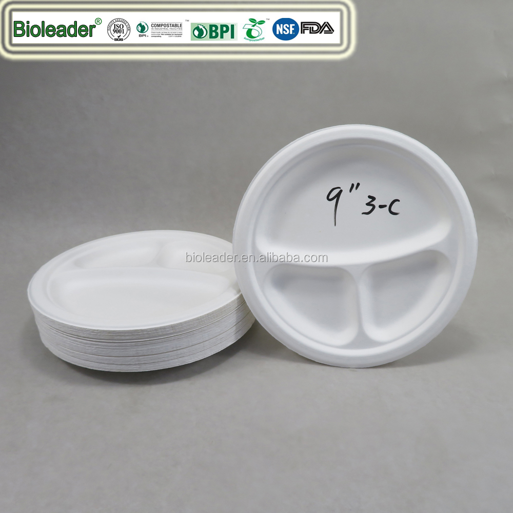 Disposable 3 compartment bagasse paper wheat straw plates