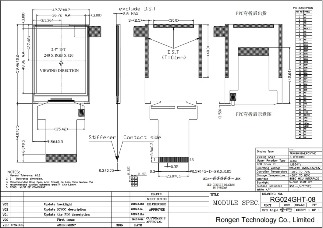 Ronen 2.4 Inch 240*320 IPS Qvga TFT LCD with 8bit MCU Interface From Full Auto Production Factory