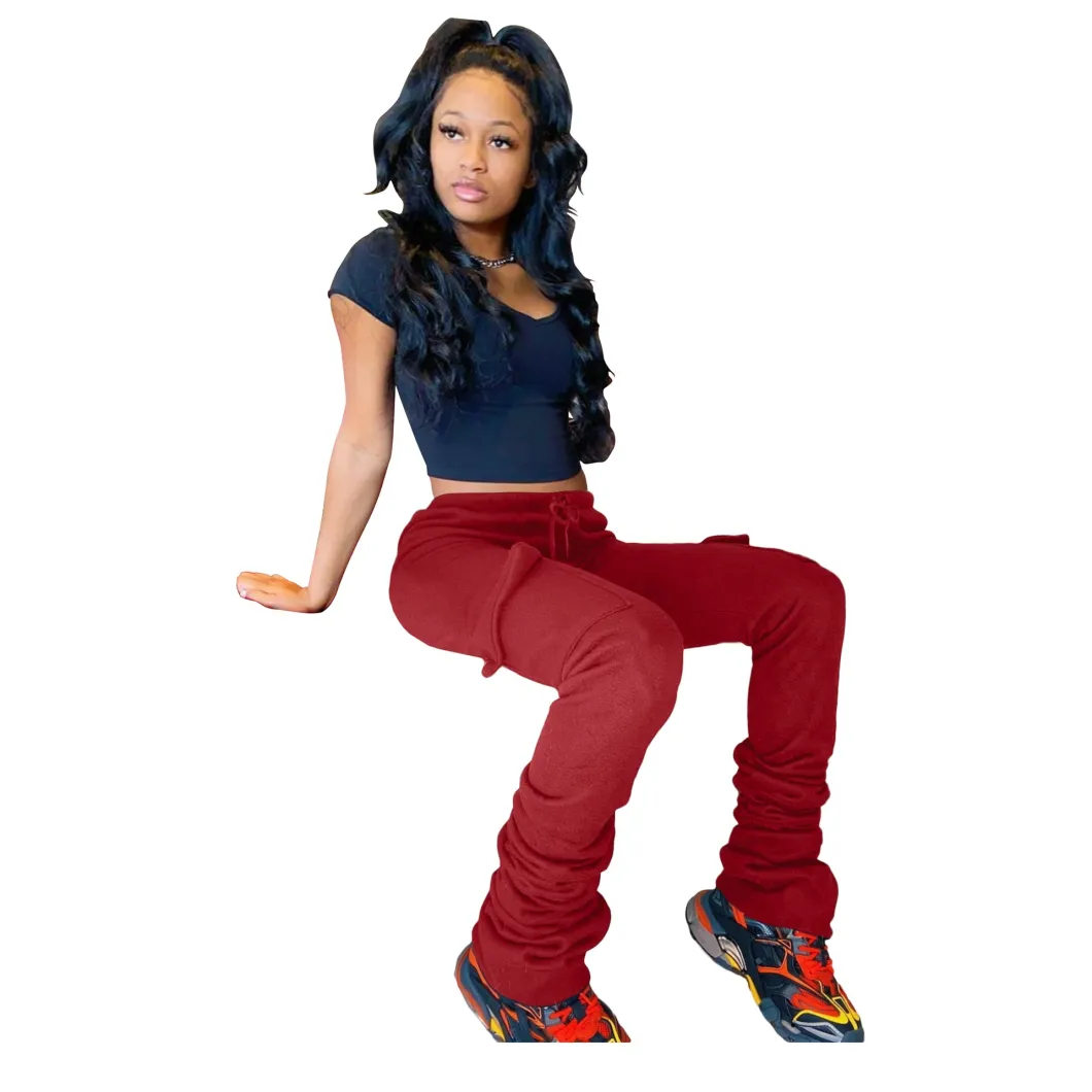 2021 Factory Wholesale Sweater Solid Color Drawstring Spring Womens Trousers Stacked Casual Pants