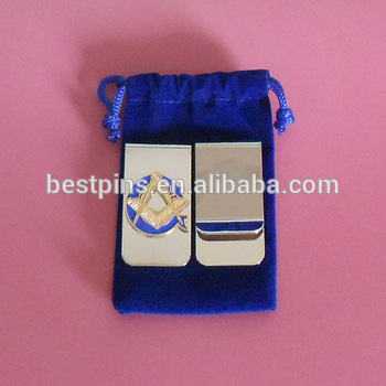 masonic money clip packing with velvet bag, money clip gold supplier