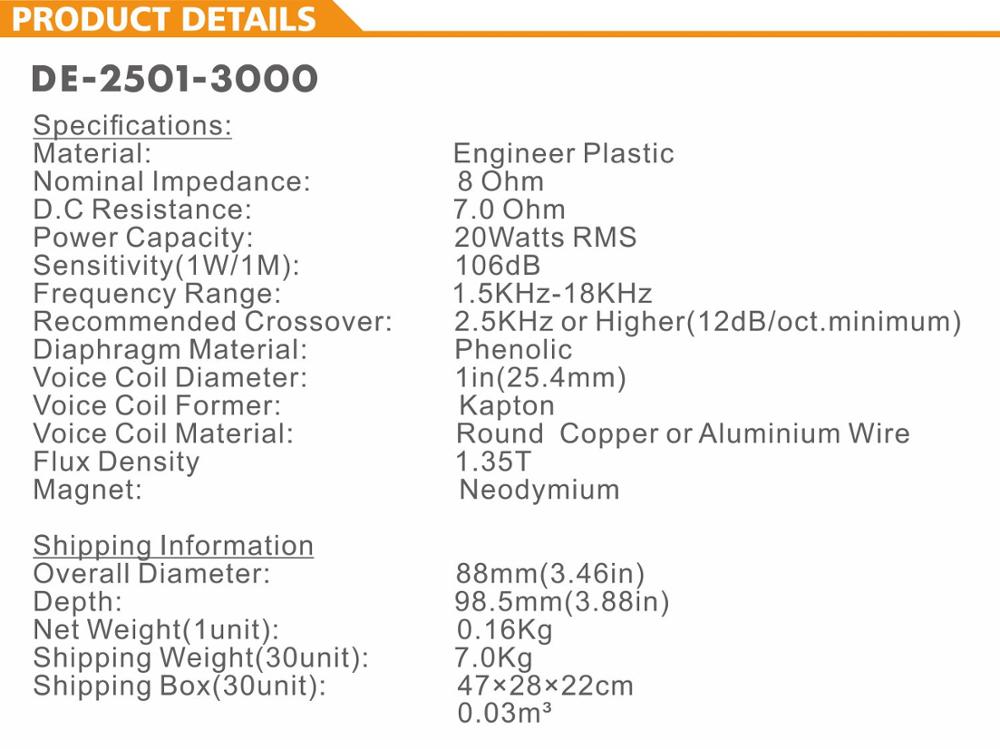 DE2501-3000 Pro ljudhögtalare fenolmembran Neodym horn diskanthögtalare