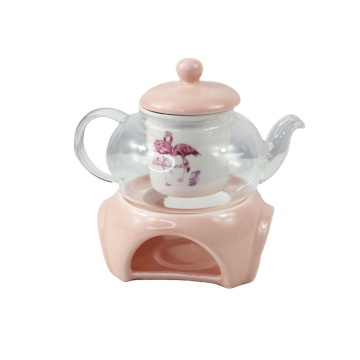 Hot Selling Borosilicate Glass Tea Pot Set with Color Glazed Candle Stick