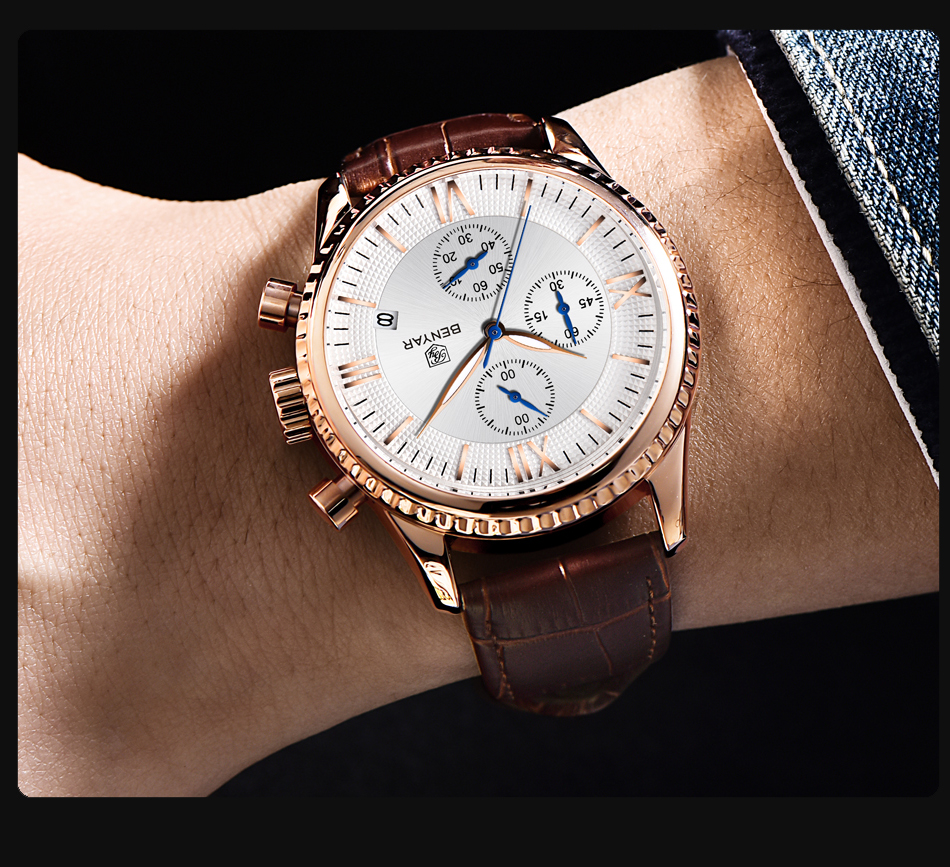 Top Luxury Brand Benyar watches mens wristwatch Fashion Sports Quartz Waterproof Leather Men Business Watch Relogio Masculino