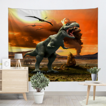 Roaring Dinosaur Tapestry Wild Anicient Animals Wall Hanging Volcanic Eruptions 3D Wall Blanket for Children Bedroom Living Room