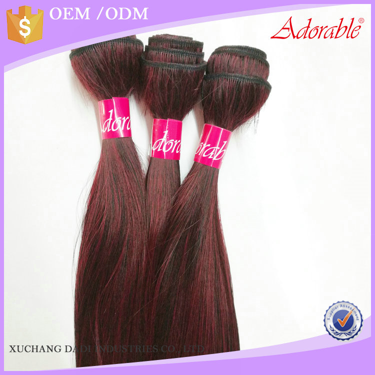 wholesale silk straight ombre two tone color hair weaving,double sewing heat resistant fiber red synthetic hair bundles T1bbug