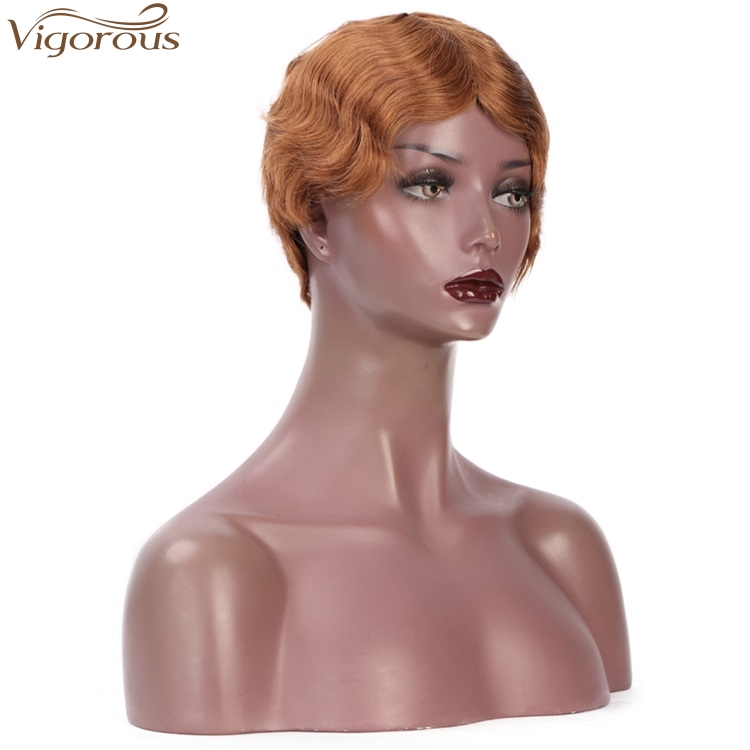 Vigorous Short Human Hair Finger Wave Wig Pixie Cut for African American Women Brazilian 100% Human Hair Light Auburn Color
