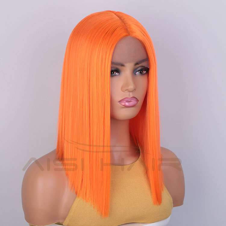 Aisi Hair Medium Long 16 Inch Cosplay Orange Wig Swiss Lace Wig Silky Straight Synthetic Lace Frontal Hair Wigs For Black Women