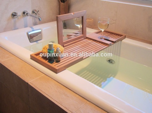 nuovo design 100% Bamboo Caddy vasca da bagno con specchio bagno rack con supporto calici all&#39;ingrosso