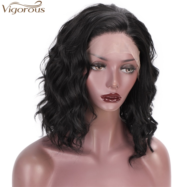 Vigorous Short Bob Wavy Lace Front Wigs for Women Natural Black Synthetic Wig Middle Part Heat Resistant Wigs Wholesale Price