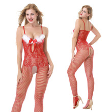 Red Christmas Night Jumpsuit - Sexy Hollow Out Fur Bodystocking
