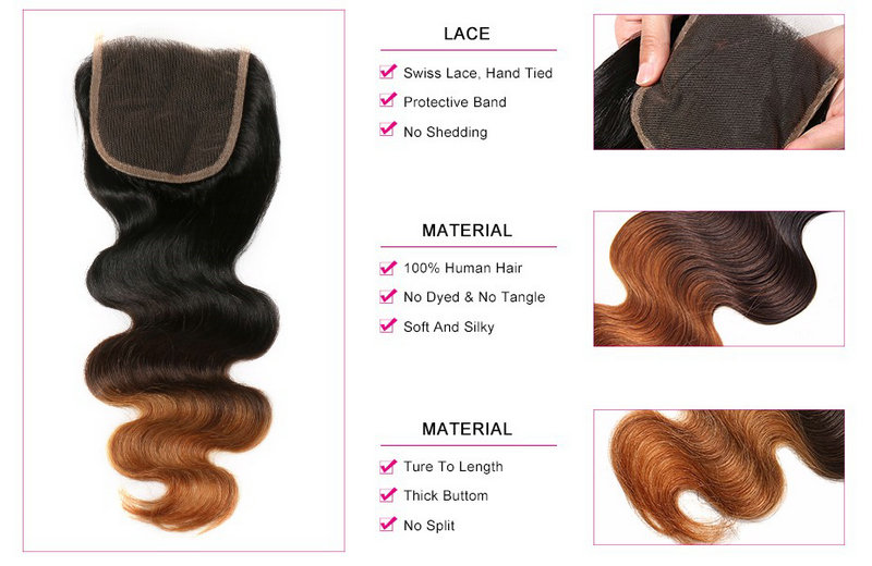 Adorable wholesale body wave straight remy indian human hair three tone 4*4 lace closure for wigs color T1b-4-27