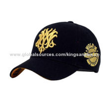 Adult baseball cap, 3D and flat embroidery for logo, top button, six panels with six eyelets