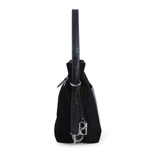 Cloth With Crocodile Leather Stitched Line Hobo Bag