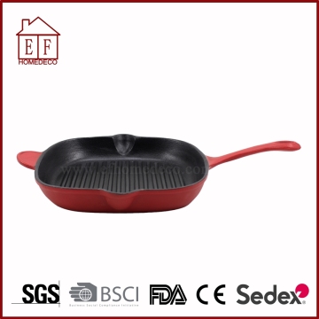 Red enamel cast iron skillet and fry pan