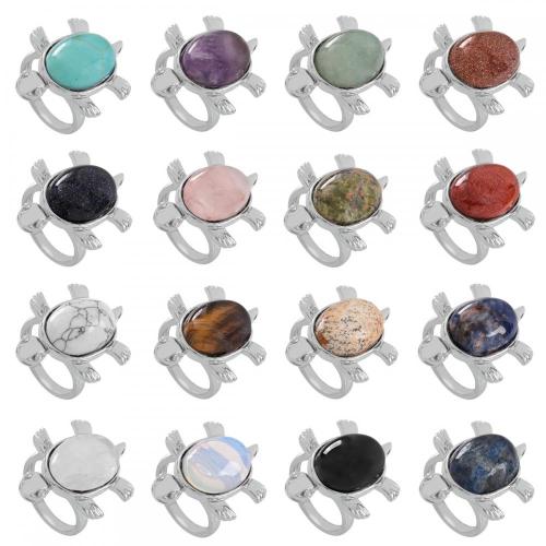 Natural Stone Turtle Rings Gemstone Oval Shape See Turtle Ring for Men Women Crystal Quartz Adjustable Ring Anniversary Birthday