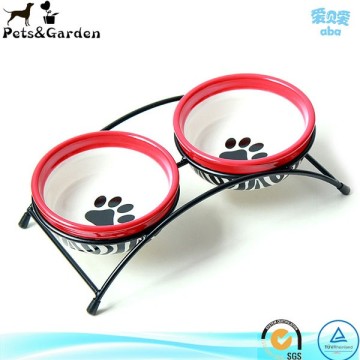 Easy cleaning double paws print elevated dog bowls, ceremic pet feeder twin bowl