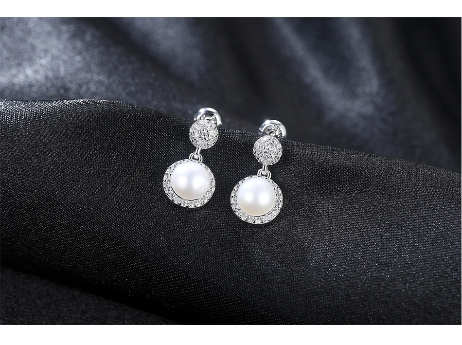 Classic Bling Bling Round Silver Stud Earring with Freshwater Pearl Stud Earrings