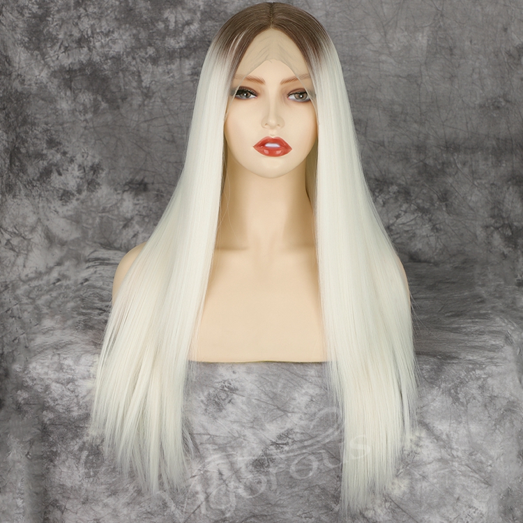 Hand Tied Free Part Full Synthetic Lace Front Wig Preplucked Hairline High Temperature Fiber Ombre Blonde Synthetic Wig