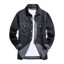 Latest Men's Banded Collar Denim Fitted Shirts in Japanese Black Denim