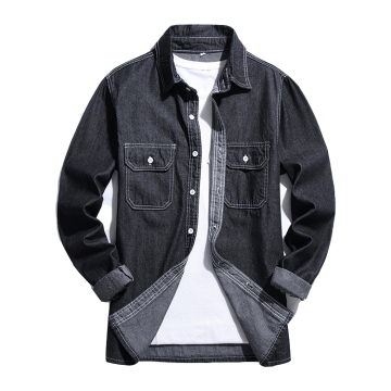 Latest Men's Banded Collar Denim Fitted Shirts in Japanese Black Denim