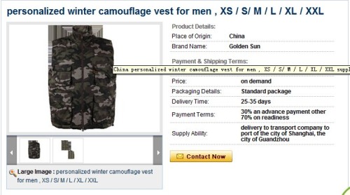 personalized winter camouflage vest for men , XS / S/ M / L / XL / XXL