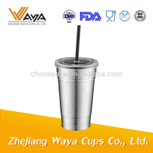 Non vacuum inner PP material travel mug with straw, stainless steel color travel mug