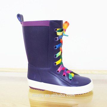 lady colorful lace up flat sole rubber rain boot with shoe lace