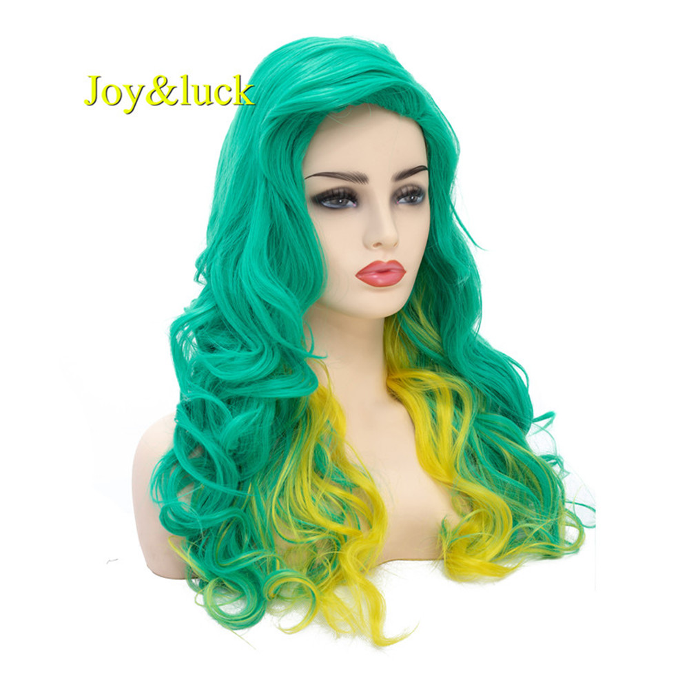 Long Natural Wavy Synthetic Wigs for Women Green Mixed Yellow Color Body Wave Cosplay Wigs Costume Hair Style