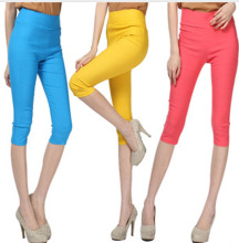 Women Elastic Slim Woven Cotton Pencil Capris Pants 704